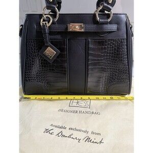 Danbury Mint Jose Hess Black Satchel Shoulder Bag Logo Purse Handbag Gold Accent